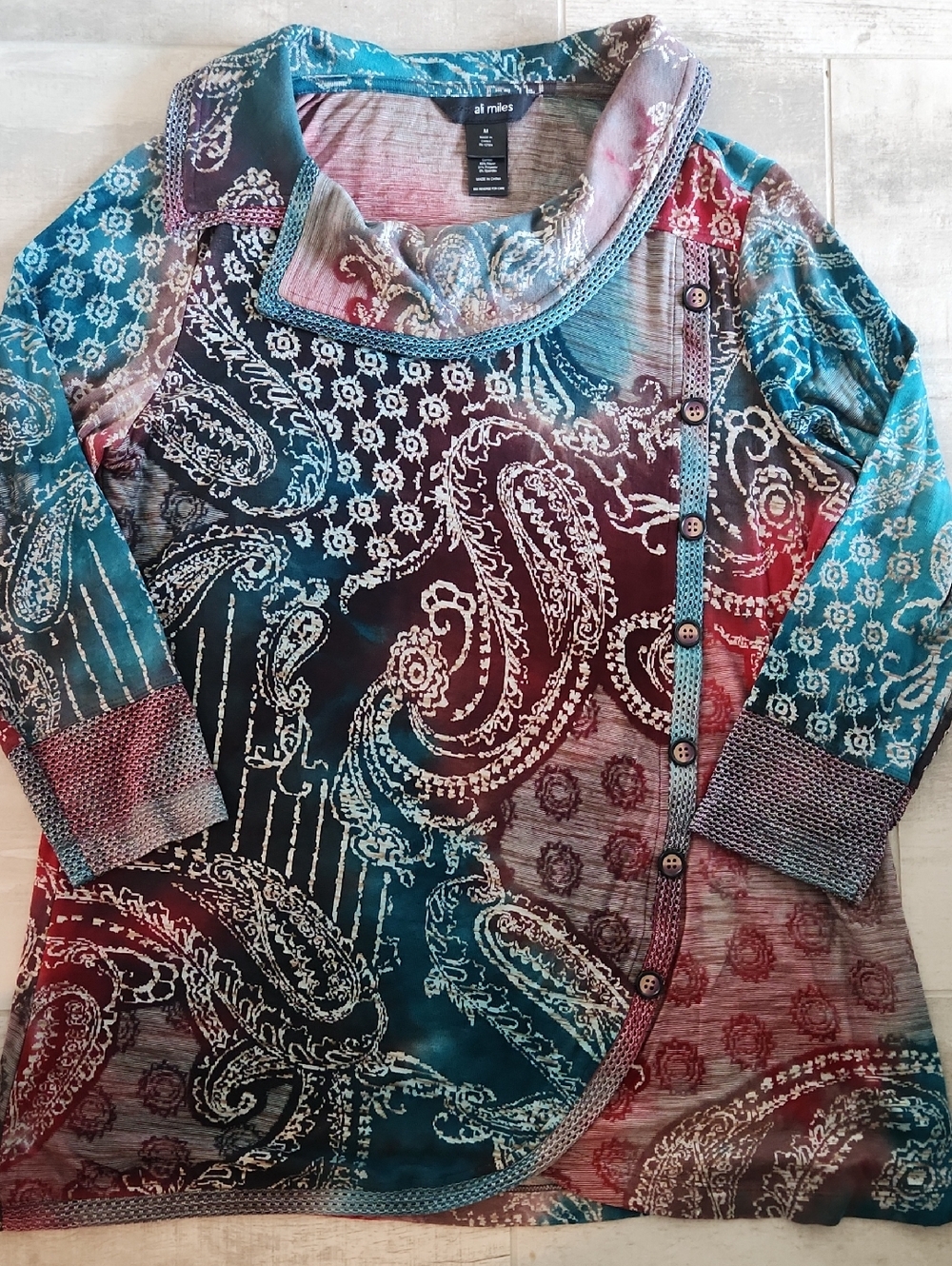 Ali Miles Paisley Button-Accent Tunic in Teal, Burgundy, Brown - Size M